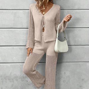 Casual Tie Front Cardigan & Knit Pants Apricot